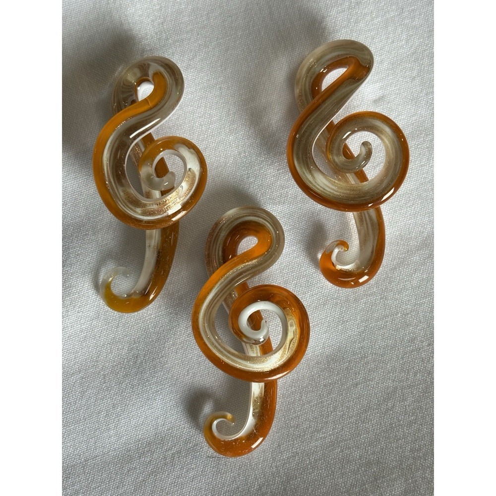 3 VTG Artisan Handblown Musical Treble Clef Orange White Artisan Art Glass Prism